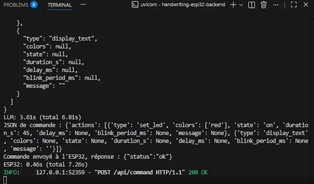 Figure 2 — Logs backend OCR/LLM et envoi ESP32